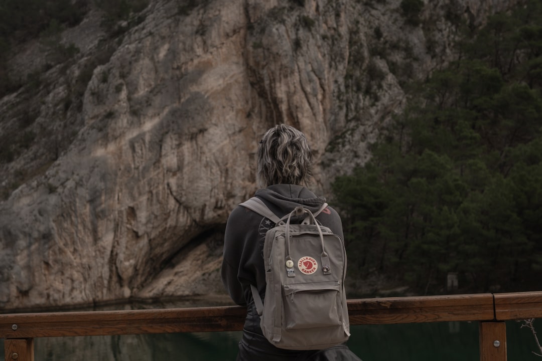 A person with a backpack standing on a bridge
